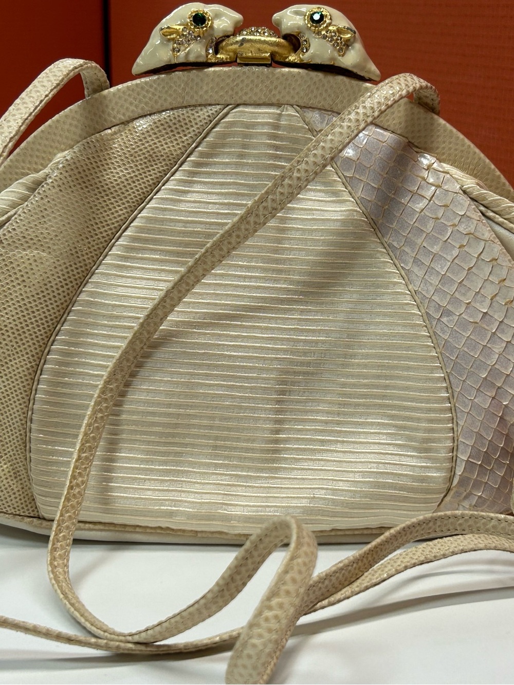 Sharif 1970’s genuine snakeskin silk and satin evening bag with jeweled panthers